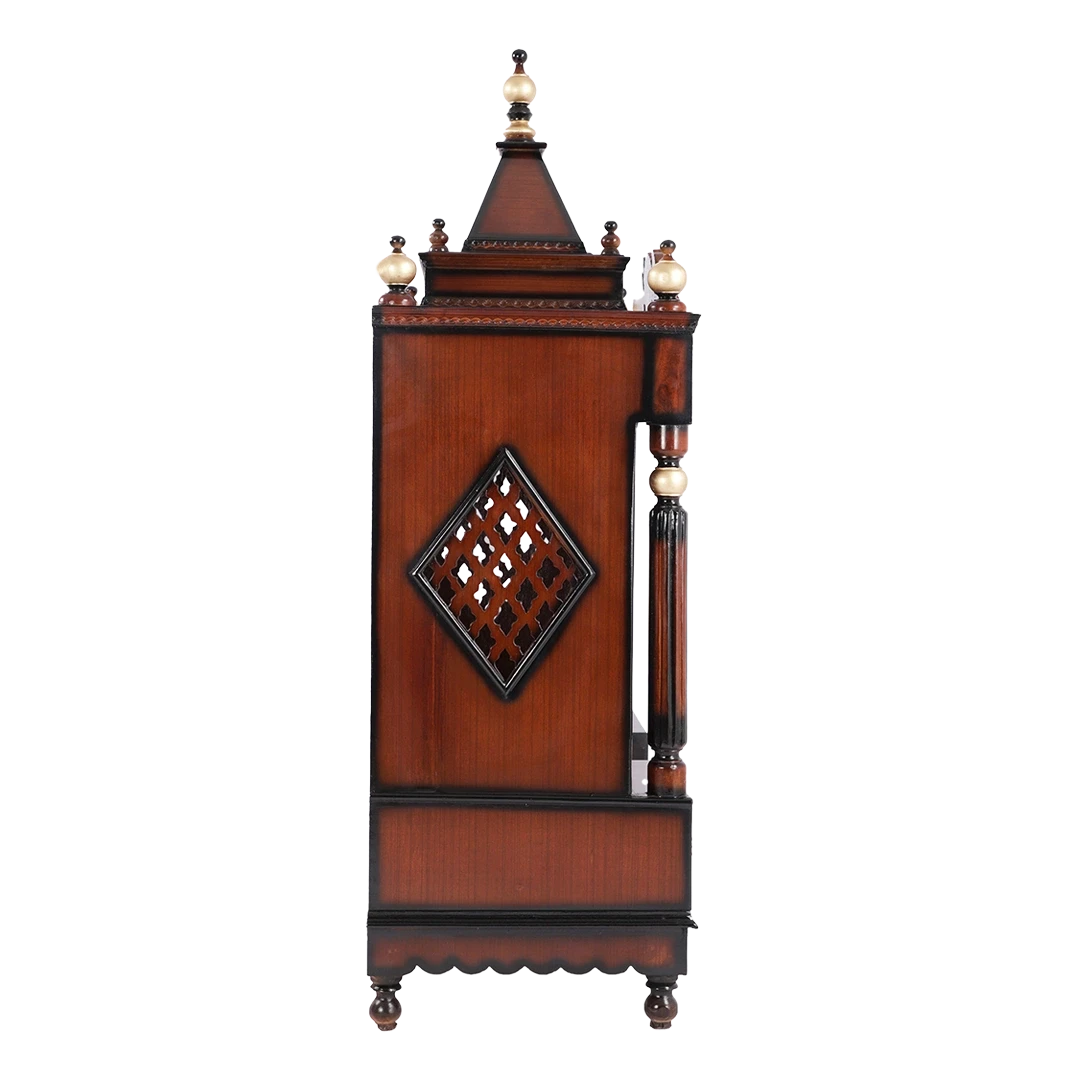 Antarusya Large Floor Rested Pooja Mandir/Wooden temple for home in Brown Gold color side view featuring jali design and Pillars