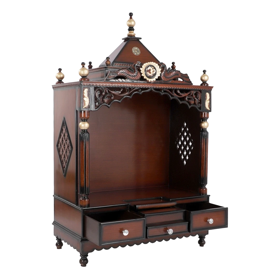 Antarusya Large Floor Rested Pooja Mandir/Wooden temple for home in Brown Gold color 45° side view open drawers