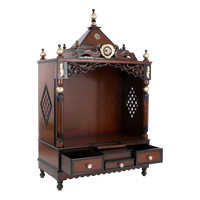 Antarusya Large Floor Rested Pooja Mandir/Wooden temple for home in Brown Gold color 45° side view open drawers