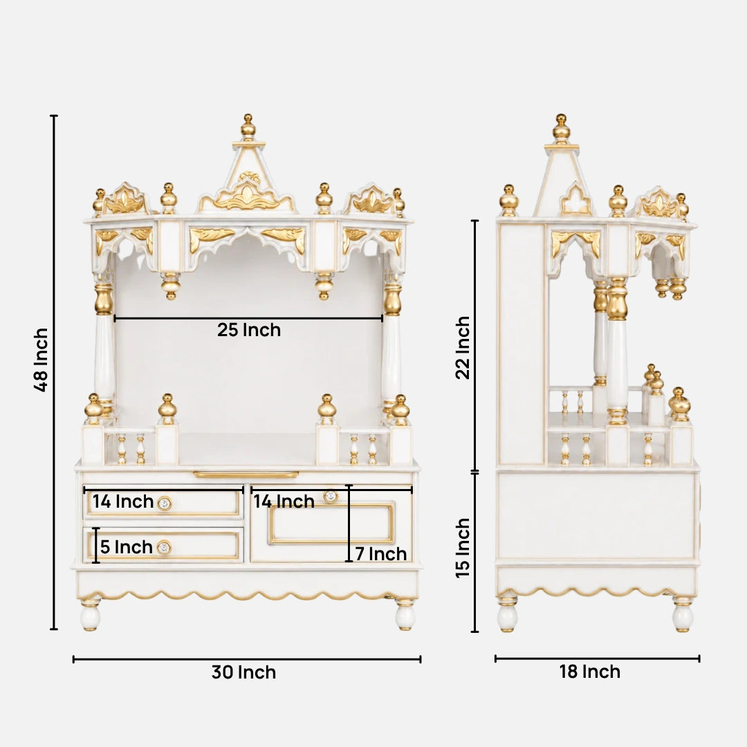 Apratima Medium Floor Rested Pooja Mandir Without Door (White Gold) Dimensions