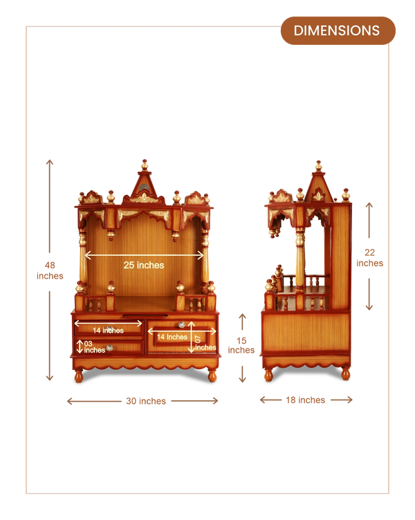 Apratima Medium Floor Rested Pooja Mandir without door (Teak Gold) dimensions