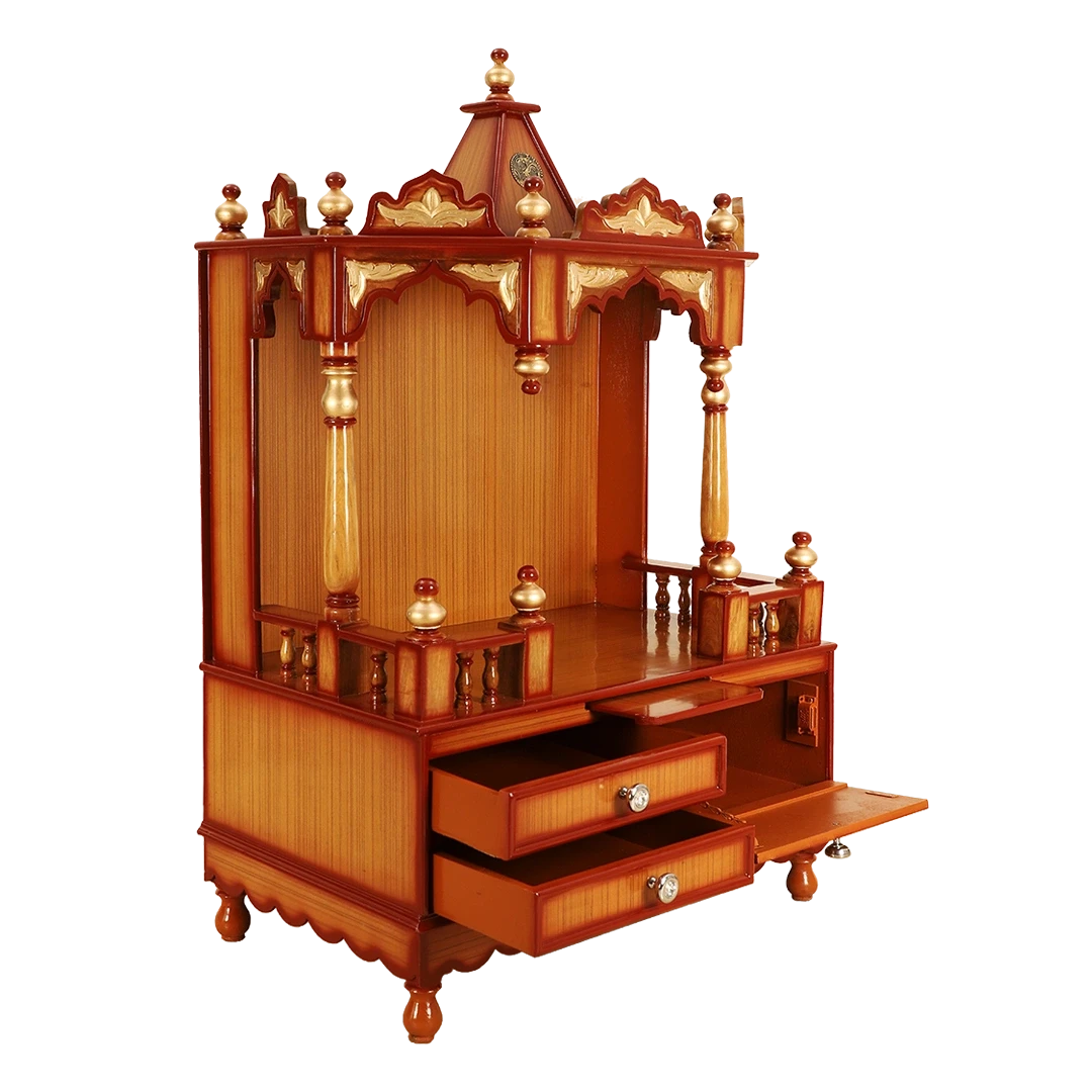 Apratima Medium Floor Rested Pooja Mandir/Wooden temple for home in Teak Gold color 45° side view open drawers