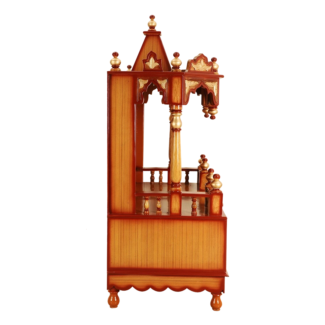 Apratima Medium Floor Rested Pooja Mandir/Wooden temple for home in Teak Gold color side view featuring Pillars