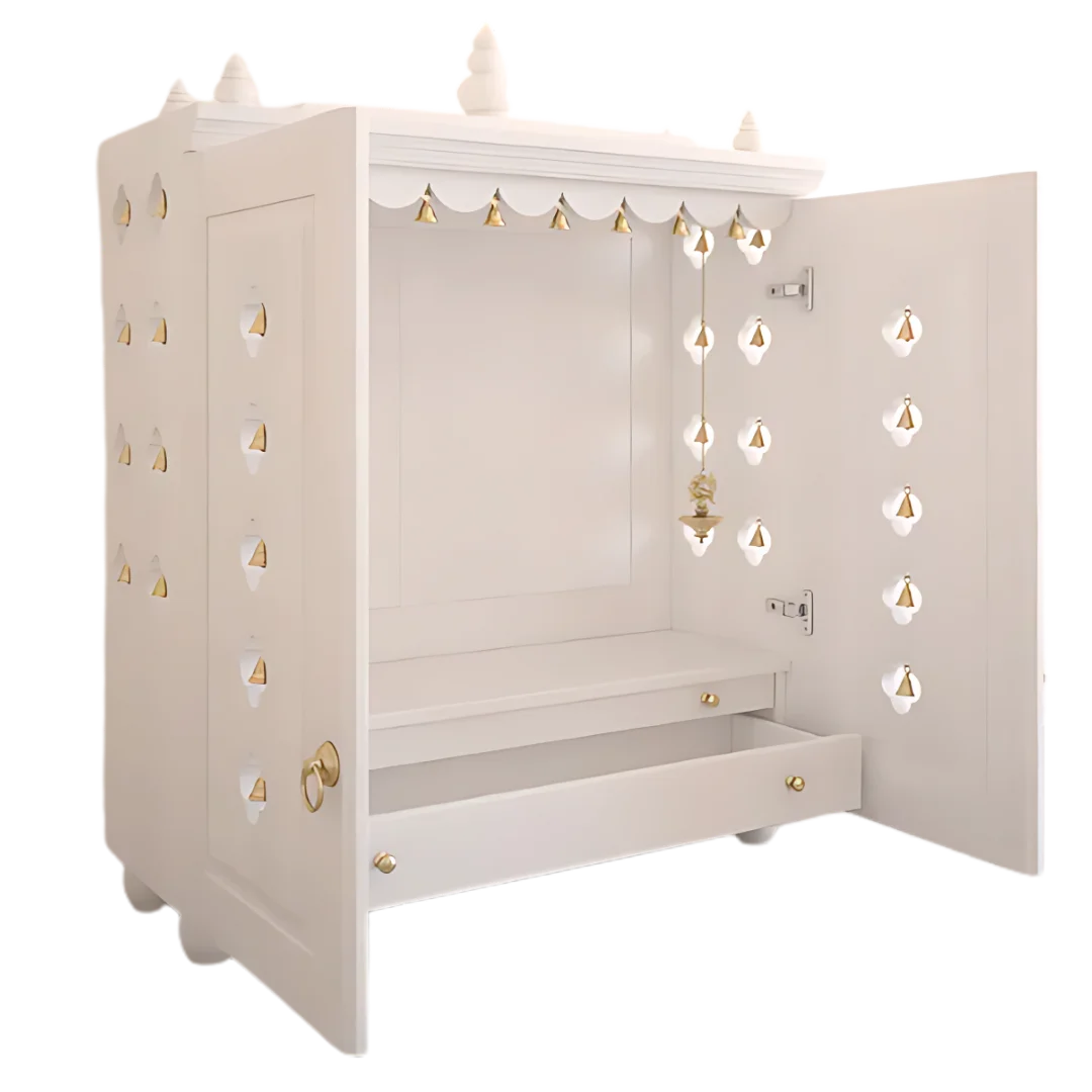 Aravaya Pooja Mandir with Door (White) open door side angle