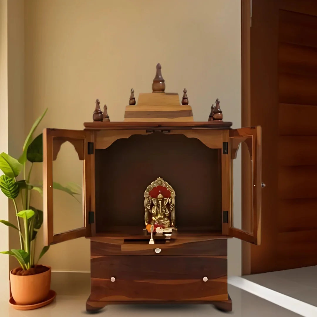 Aumesh Teak Wood Pooja Mandir with Door (Teak) lifestyel view
