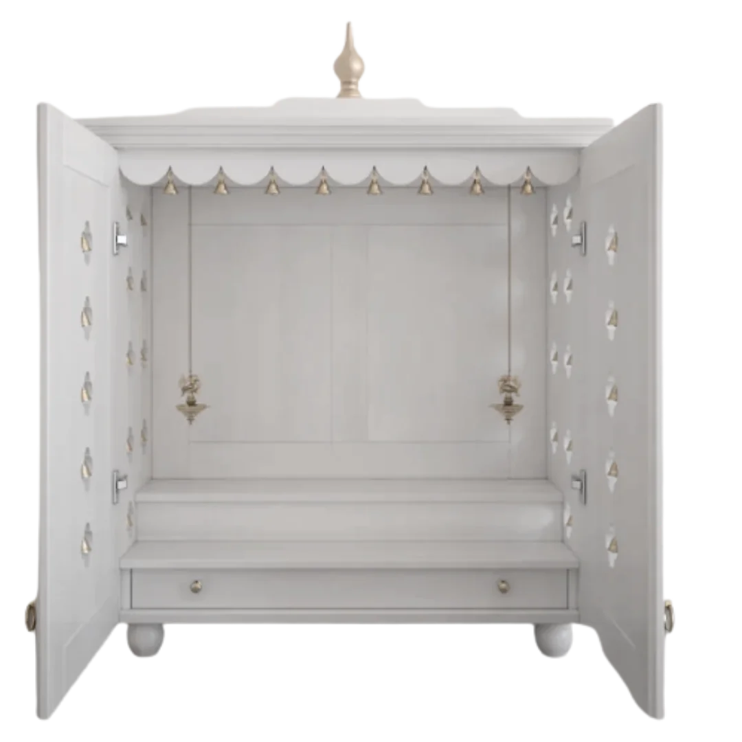 Aumkara Teak Wood Mandir with Door (White) open door front view