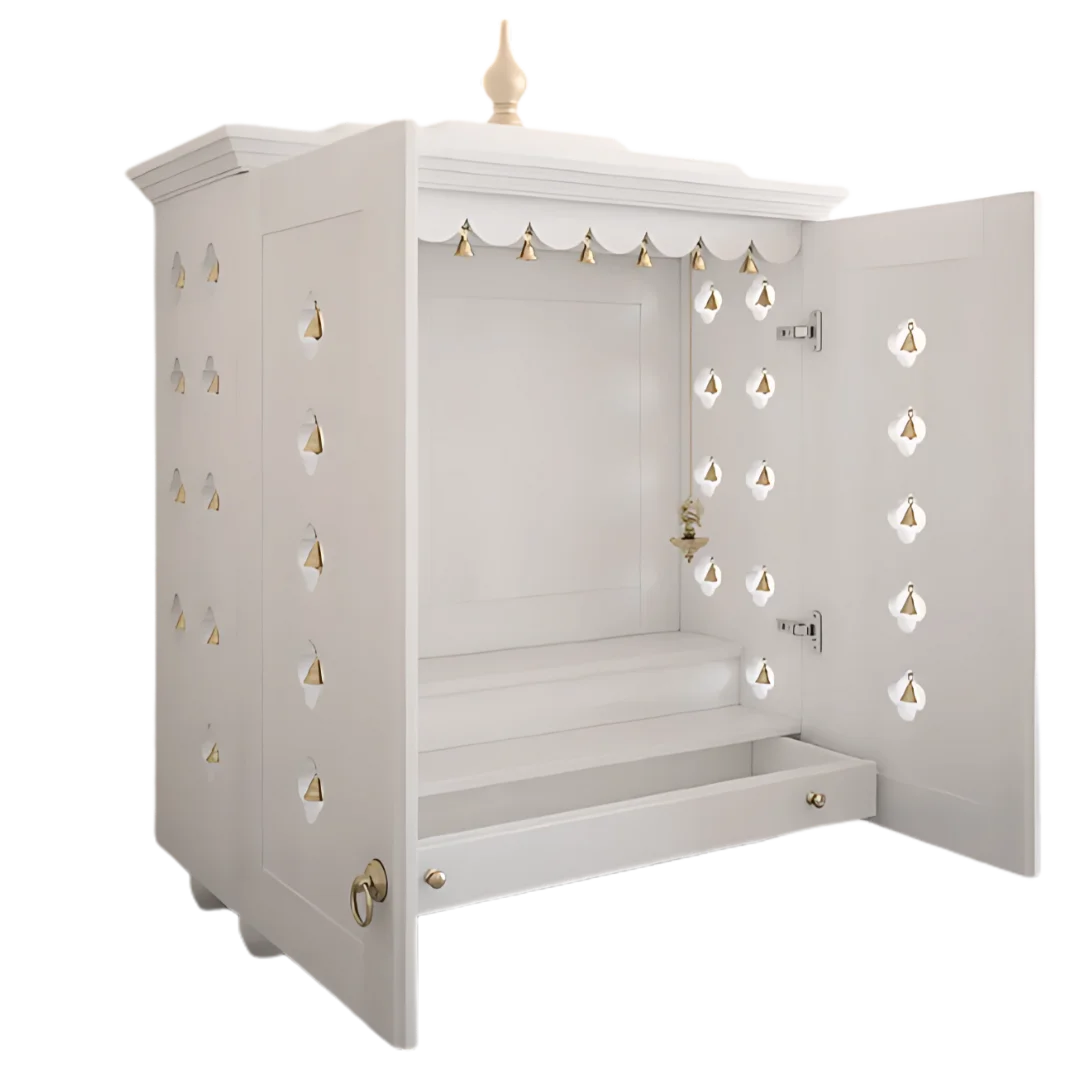 Aumkara Teak Wood Mandir with Door (White) side view
