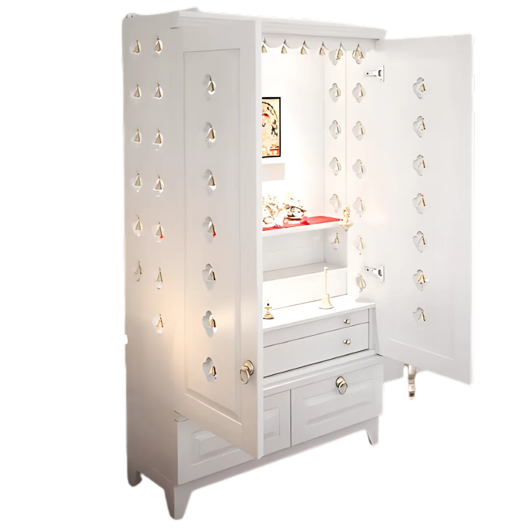 Bheema Teak Wood Pooja Mandap with Door(White) Open Door Sidet view