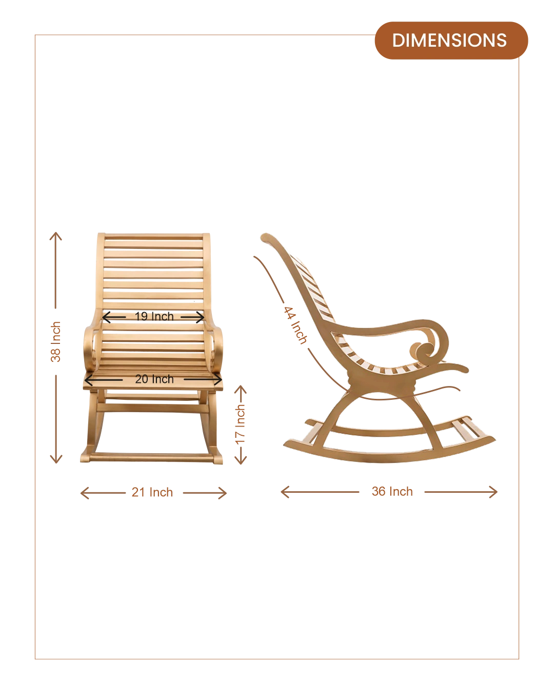 Boston Teak Wood Rocking Chair (Gold) dimensions