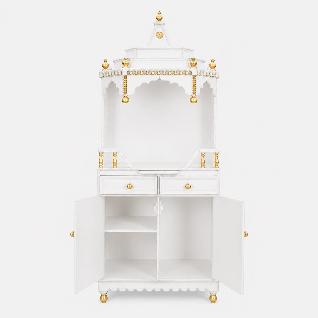 Brahma Kostha Large Floor Rested Pooja Mandap (White Gold) Front View with open drawers