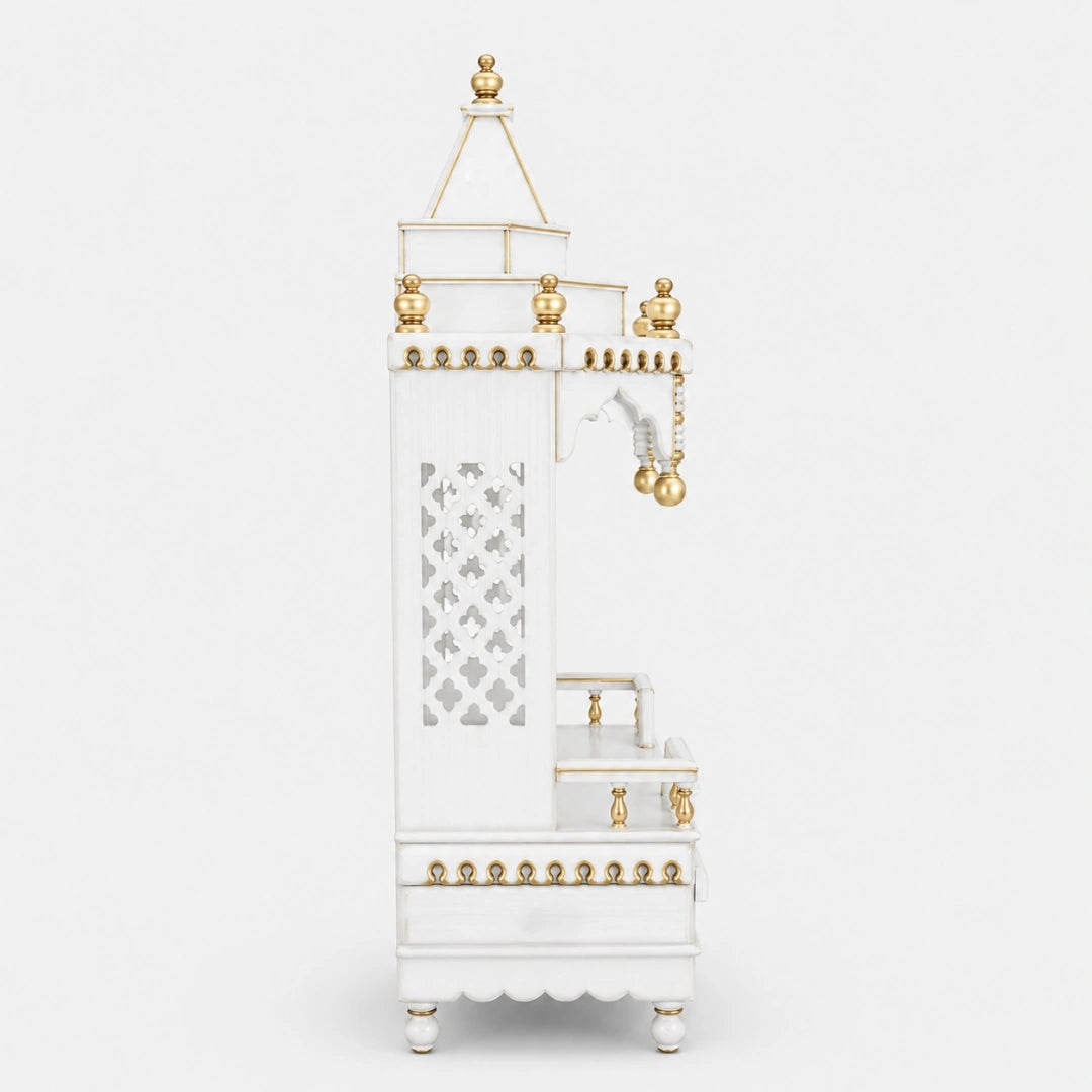 Brahma Sthana Medium Floor Rested Pooja Mandir (White Gold) Side Angle
