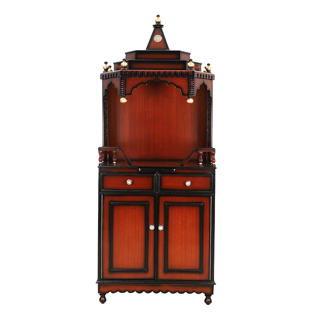 Brahma Kostha Large Floor Rested Pooja Mandap/Wooden temple for home in Brown Gold color front view