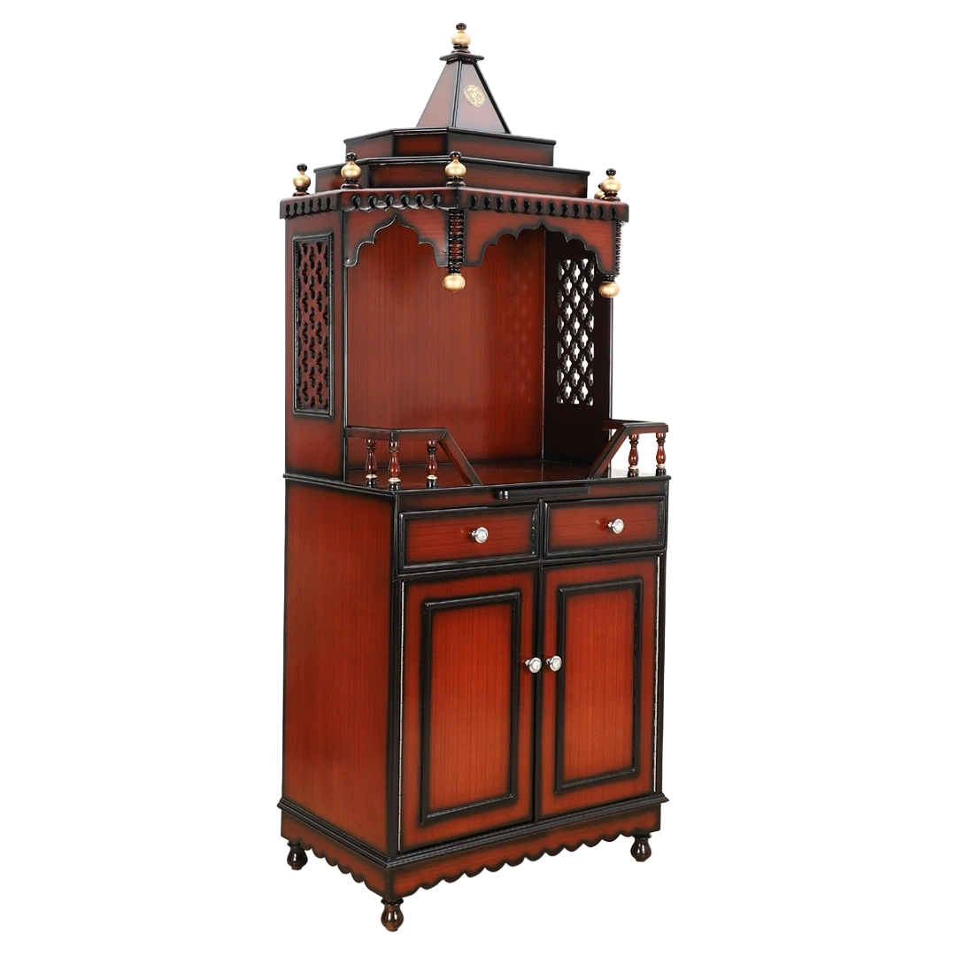 Brahma Kostha Large Floor Rested Pooja Mandap/Wooden temple for home in Brown Gold color 45° side view