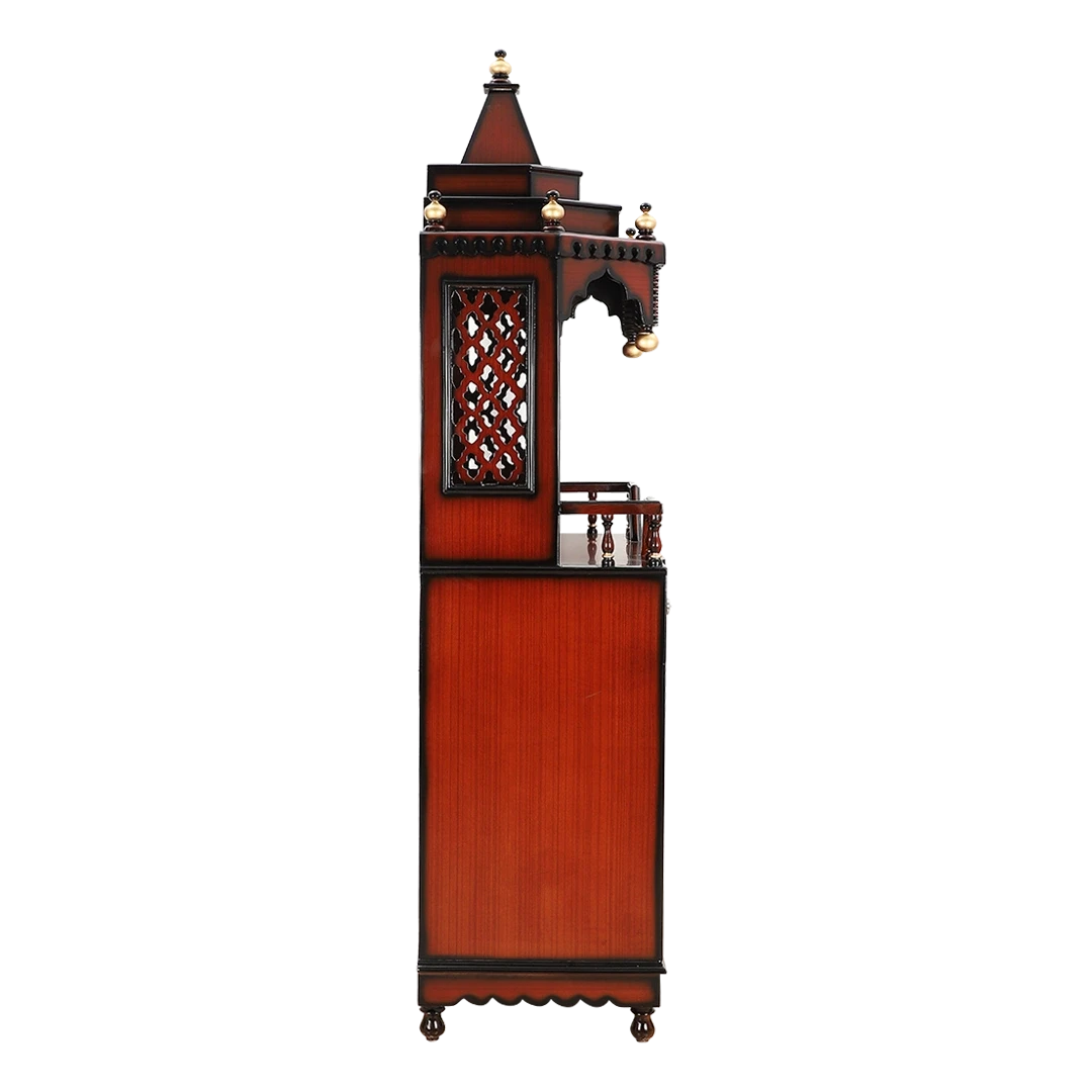 Brahma Kostha Large Floor Rested Pooja Mandap/Wooden temple for home in Brown Gold color side view featuring jali design
