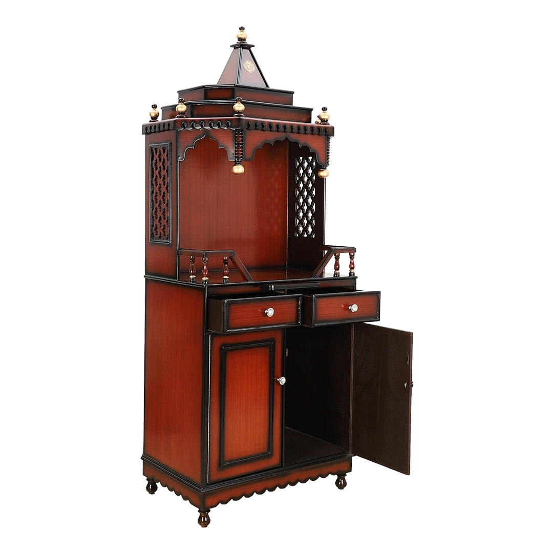 Brahma Kostha Large Floor Rested Pooja Mandap/Wooden temple for home in Brown Gold color 45° side view open drawers
