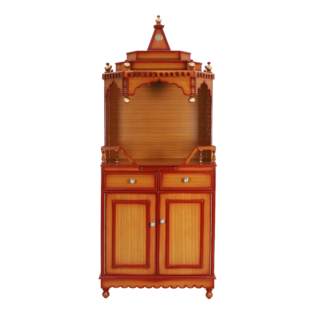 Brahma Kostha Large Floor Rested Pooja Mandap/Wooden temple with doors for home in Teak Gold color front view