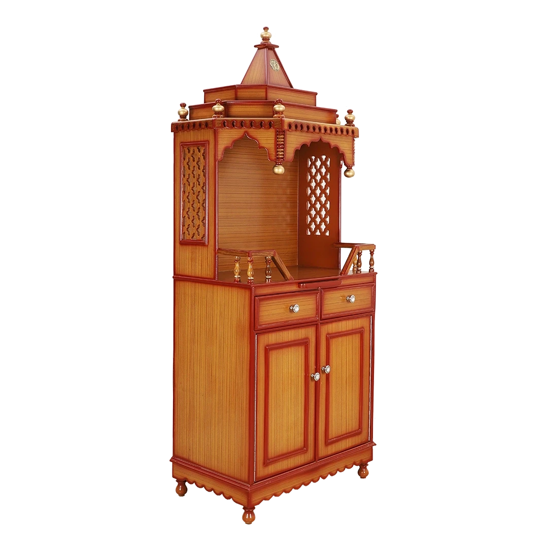 Brahma Kostha Large Floor Rested Pooja Mandap/Wooden temple with doors for home in Teak Gold color 45° side view