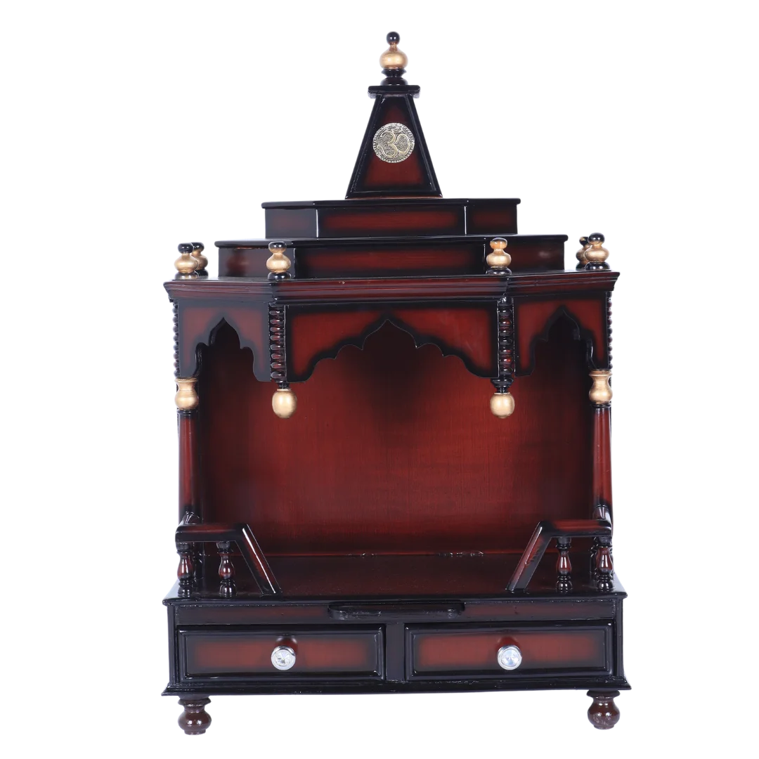Brahma Shray Teak Wood Floor Rested Pooja Mandir (Brown Gold) front view
