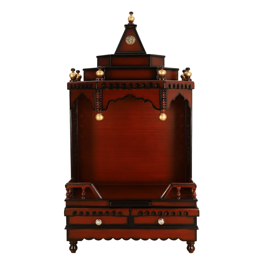 Brahma Sthana Medium Floor Rested Pooja Mandir/Wooden temple for home in Brown Gold color front view