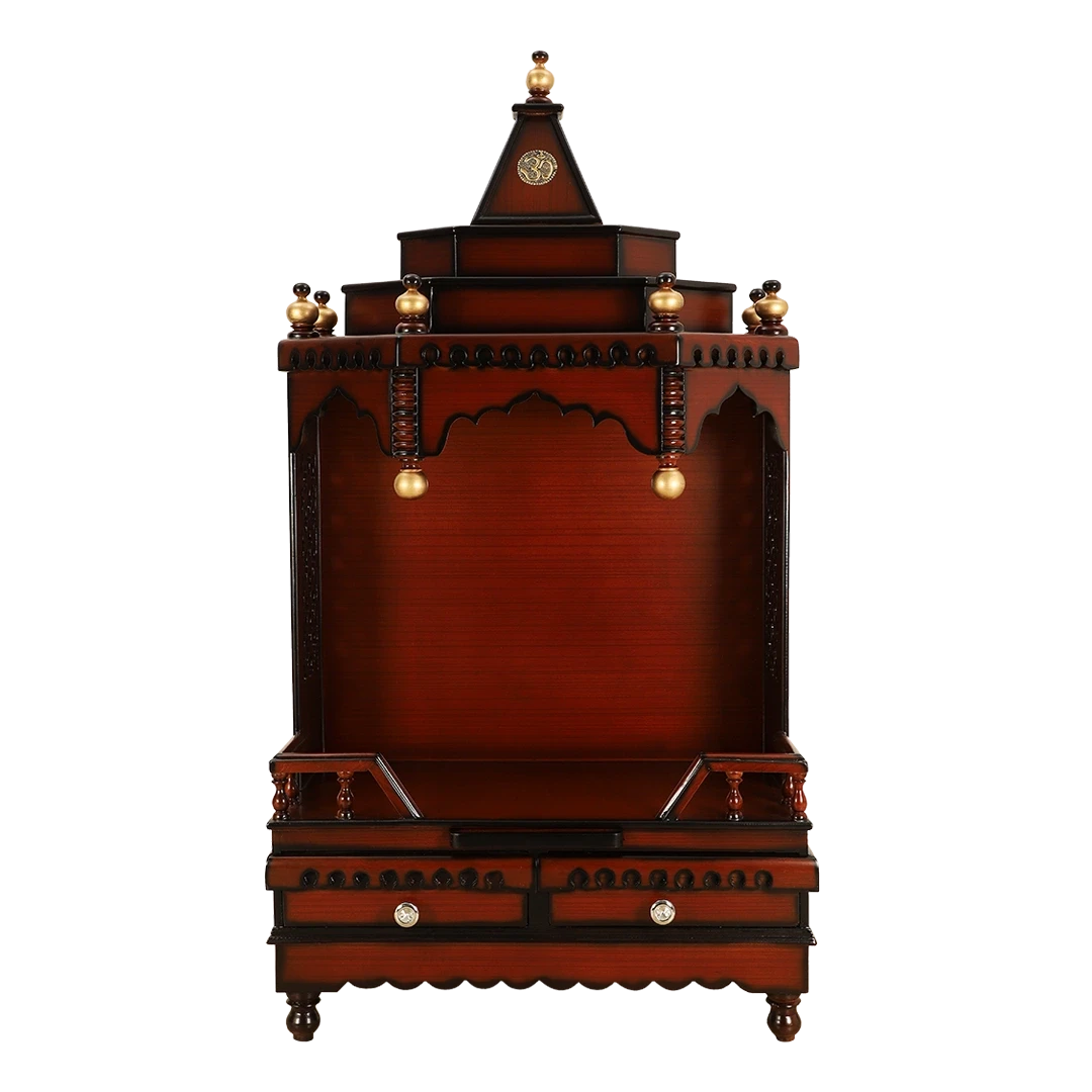 Brahma Sthana Medium Floor Rested Pooja Mandir/Wooden temple for home in Brown Gold color front view open drawers