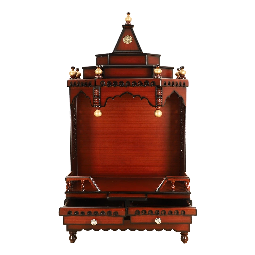 Brahma Sthana Medium Floor Rested Pooja Mandir/Wooden temple for home in Brown Gold color front view open drawers 1