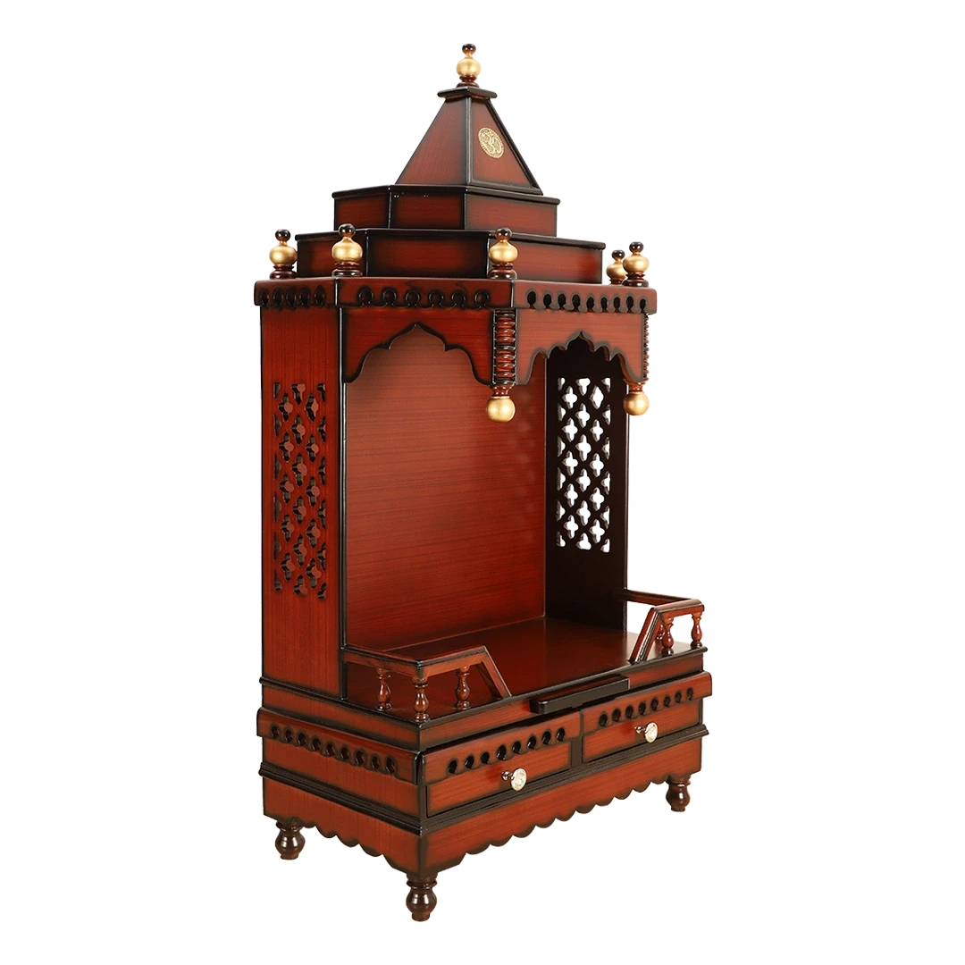 Brahma Sthana Medium Floor Rested Pooja Mandir/Wooden temple for home in Brown Gold color 45° side view
