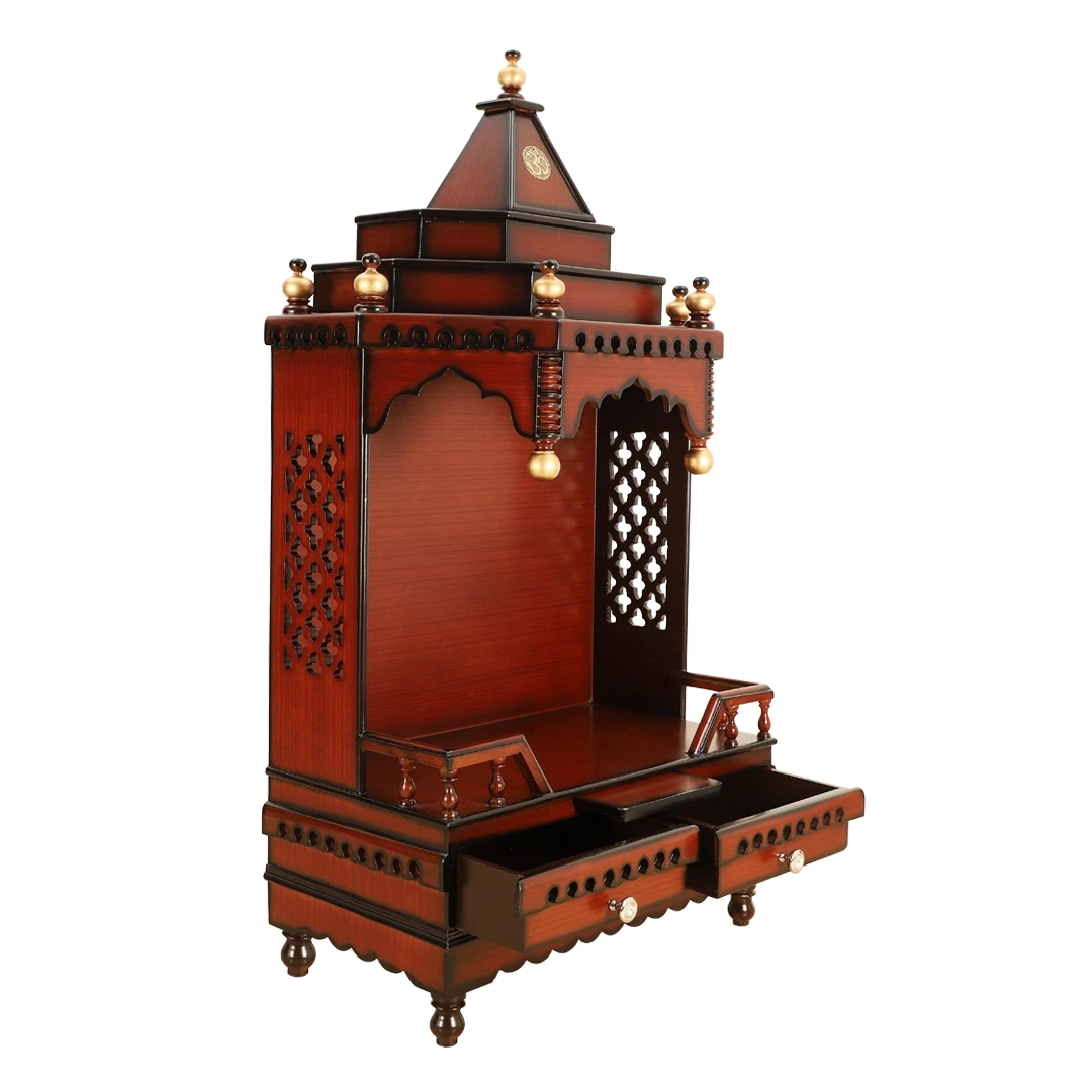 Brahma Sthana Medium Floor Rested Pooja Mandir/Wooden temple for home in Brown Gold color 45° side view open drawers