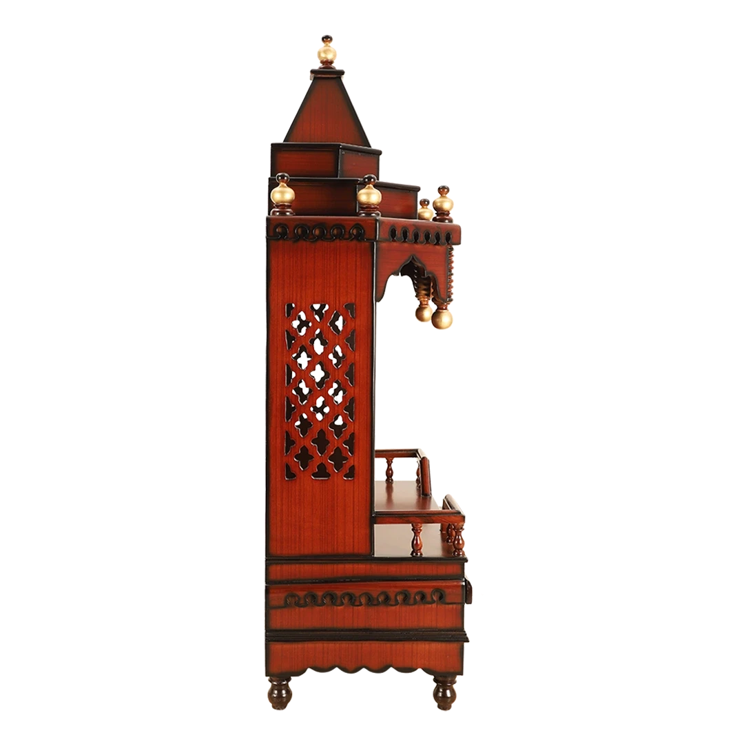 Brahma Sthana Medium Floor Rested Pooja Mandir/Wooden temple for home in Brown Gold color side view featuring jali design