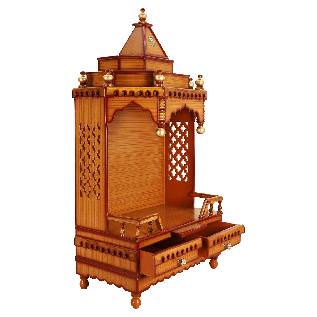 Brahma Sthana Medium Floor Rested Pooja Mandir/Wooden temple for home in Teak Gold color 45° side view open drawers