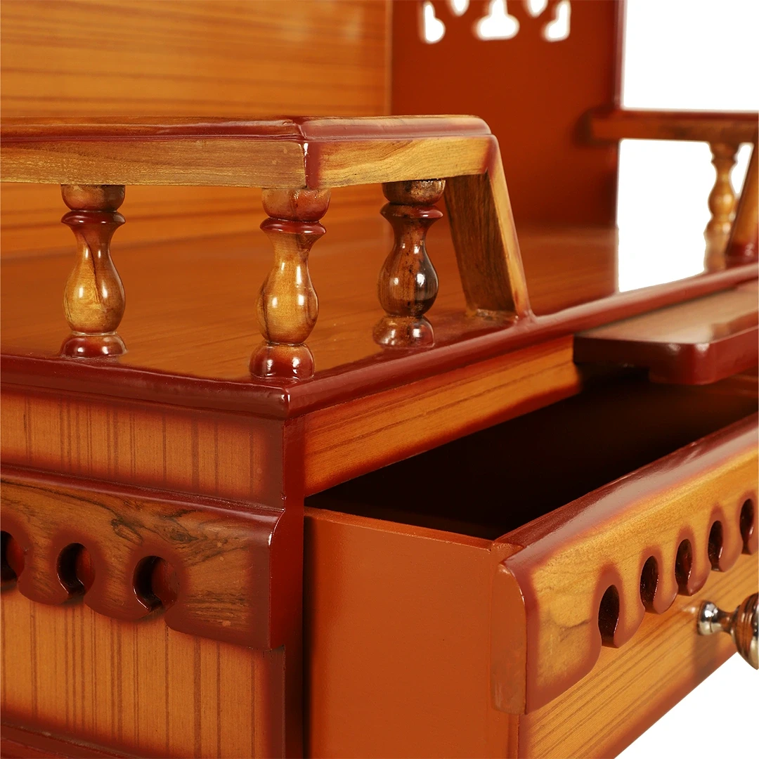 Brahma Sthana Medium Floor Rested Pooja Mandir/Wooden temple for home in Teak Gold color zoom view open drawers