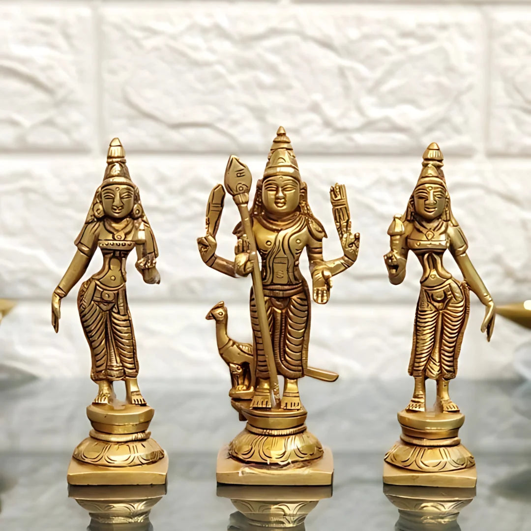 Brass Lord Murgan with Valli adn Deivanai Brass Idol lifestyle view