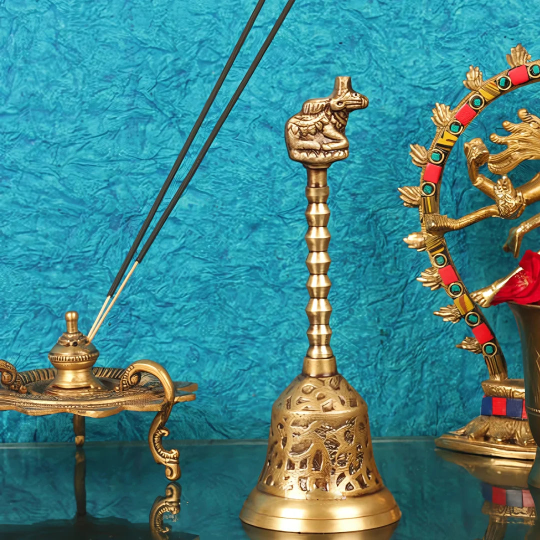 Brass Temple Bell with Nandi Handle lifestyle view
