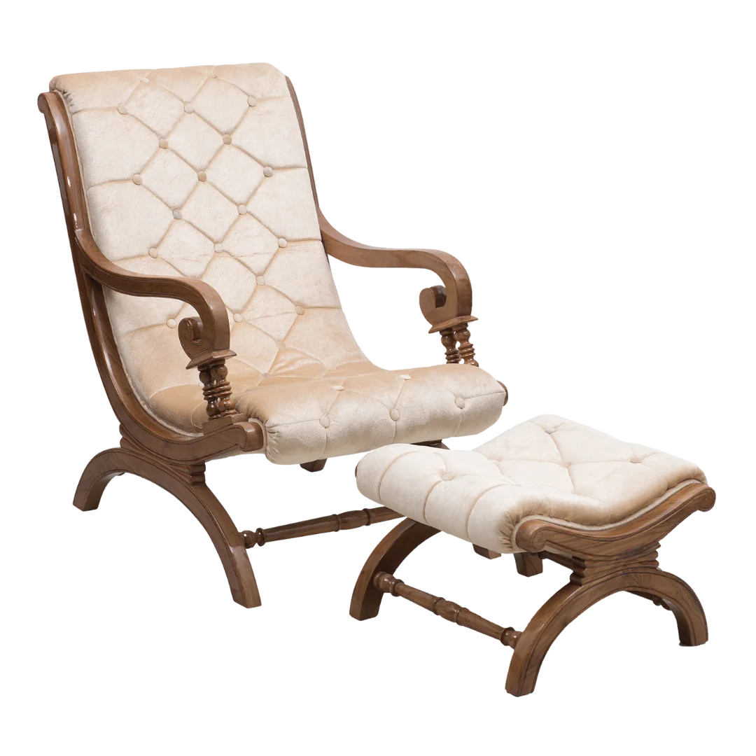 Butros Fabric Upholstered Aaram Chair with FootRest (Teak Gold) side angle