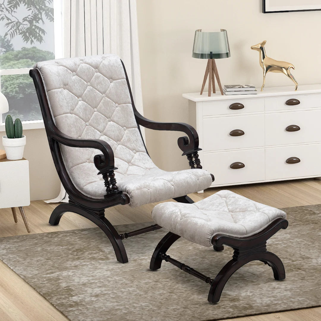 Butros Fabric Upholstered Wooden Aaram Chair with FootRest – DZYN