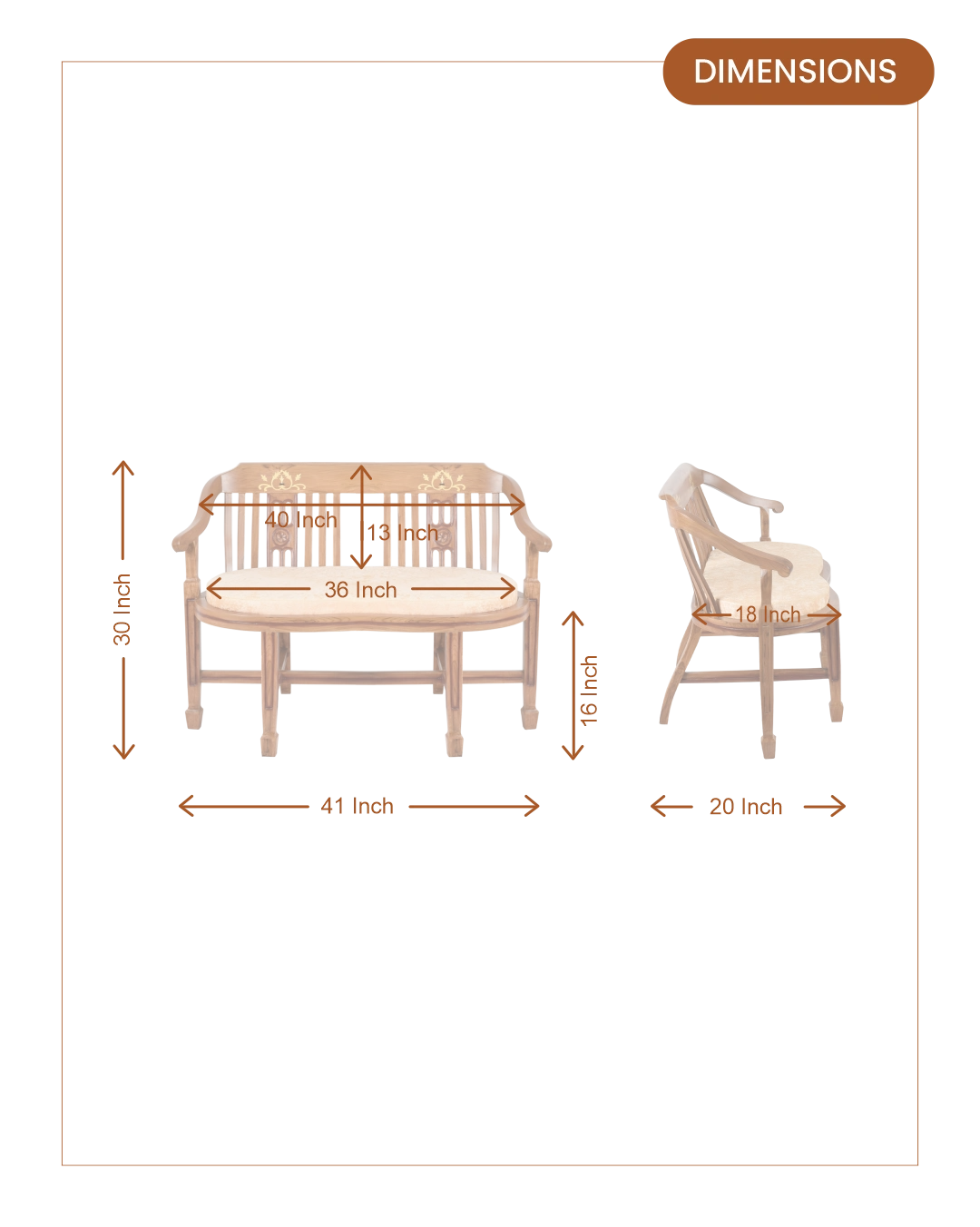 Canasto Solid Wood Love Sofa (Teak) dimensions