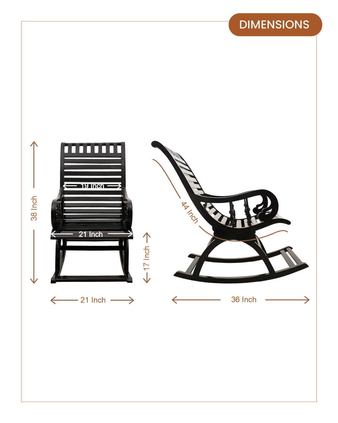 Colorodo Teak Wood Rocking Chair (Black) dimensions