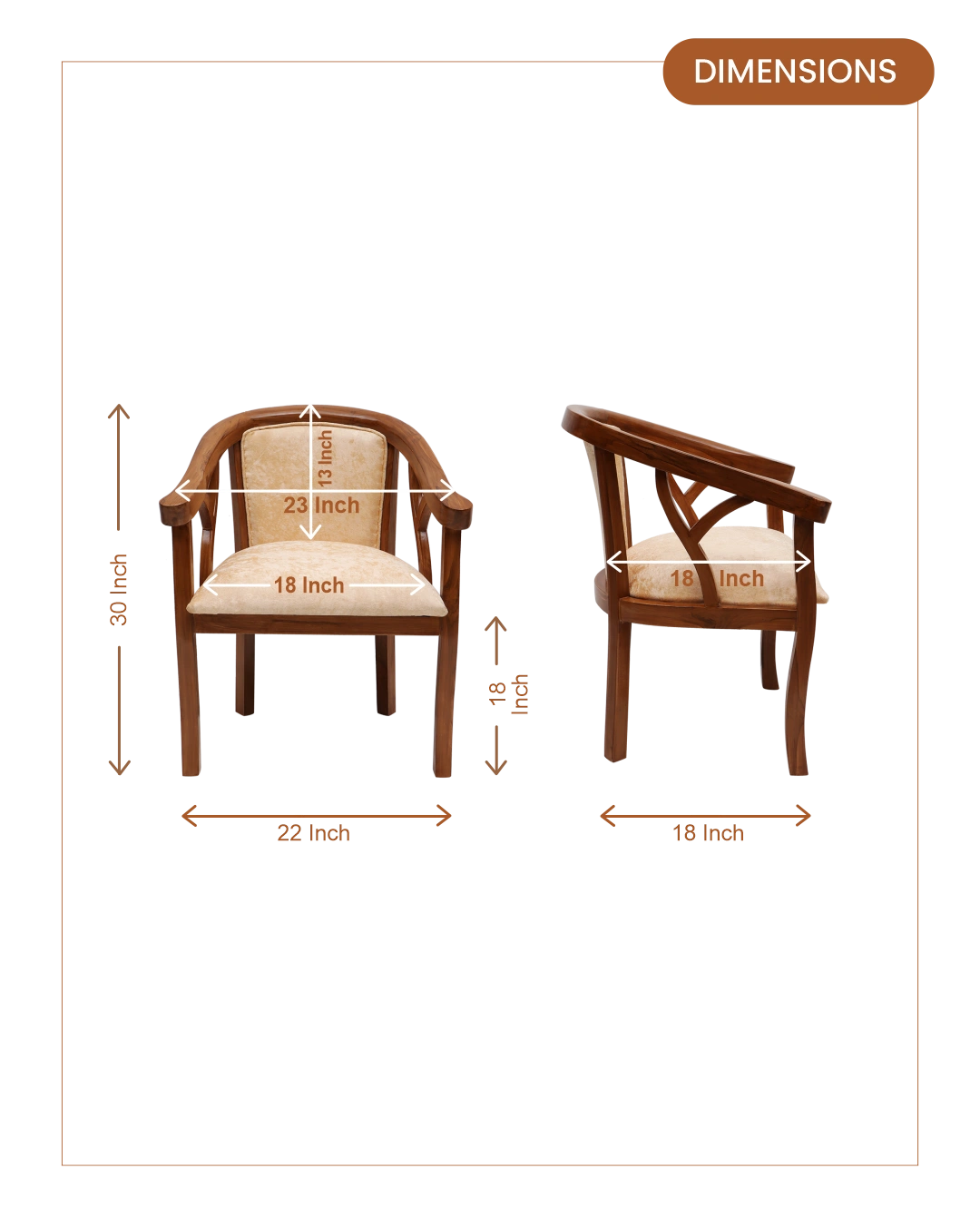 Comfy Teak Wood Fabric Upholstered Arm Chairs (Teak-Beige) dimensions