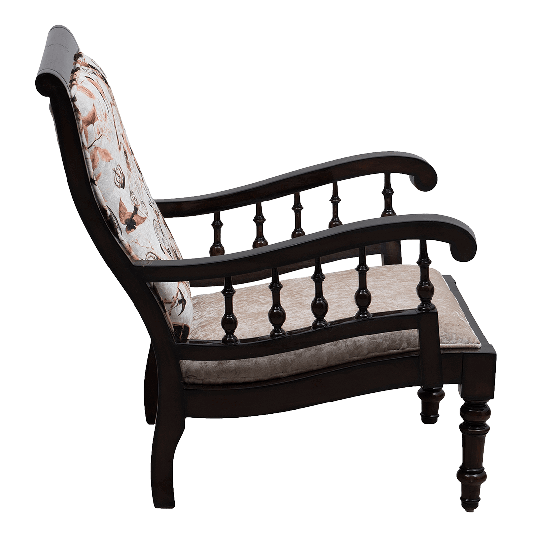Ancient INDIA Teak Wood Fabric Upholstered Arm Chair (Brown)