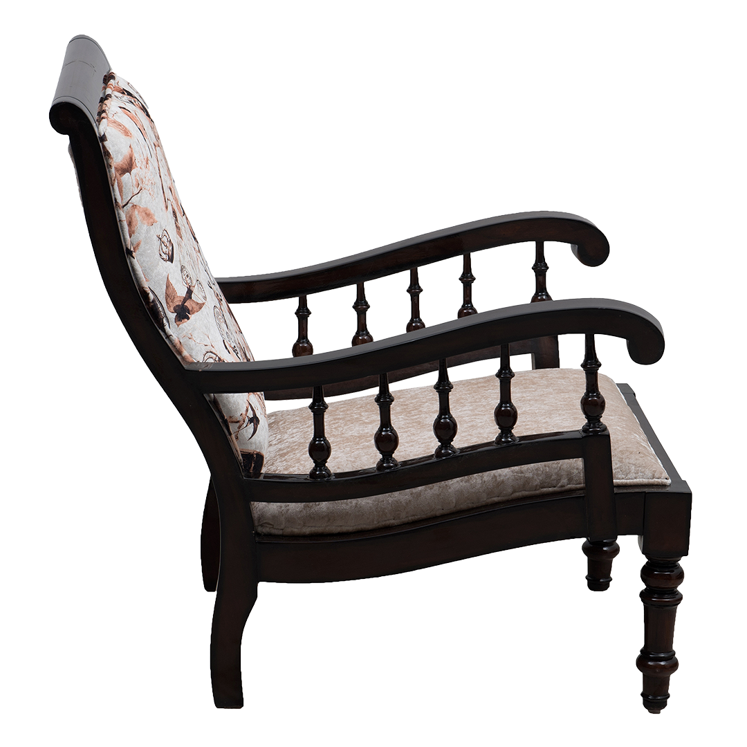 Ancient INDIA Teak Wood Fabric Upholstered Arm Chair (Brown)