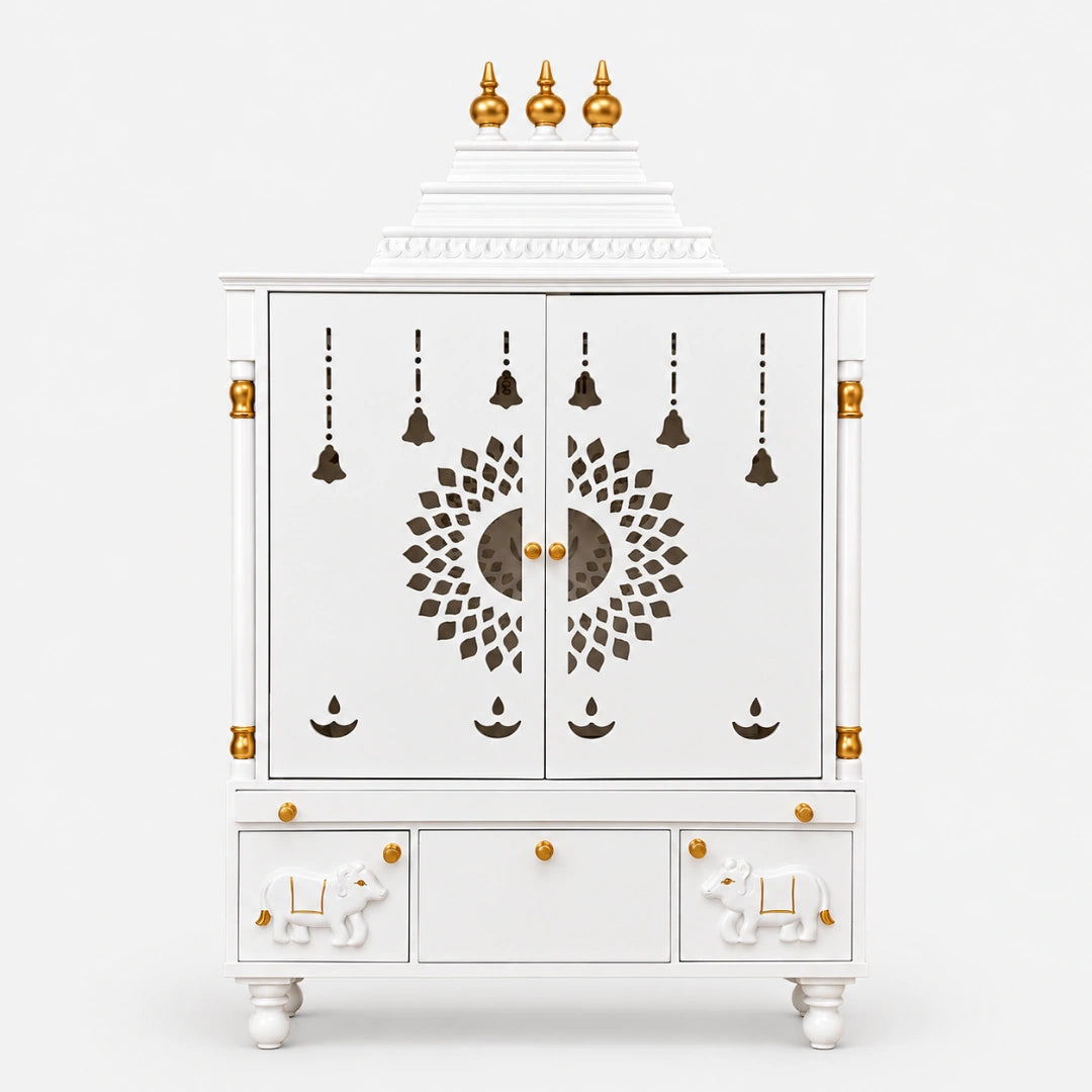 Devakriti Teak Wood Pooja Mandir With Doors (White) Front Angle