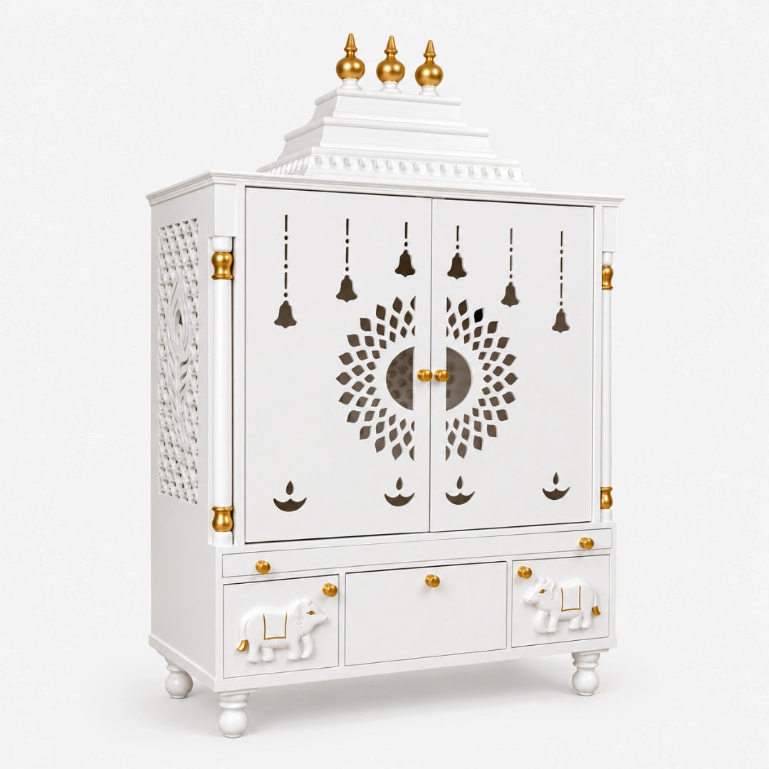 Devakriti Teak Wood Pooja Mandir With Doors (White) Side Angle