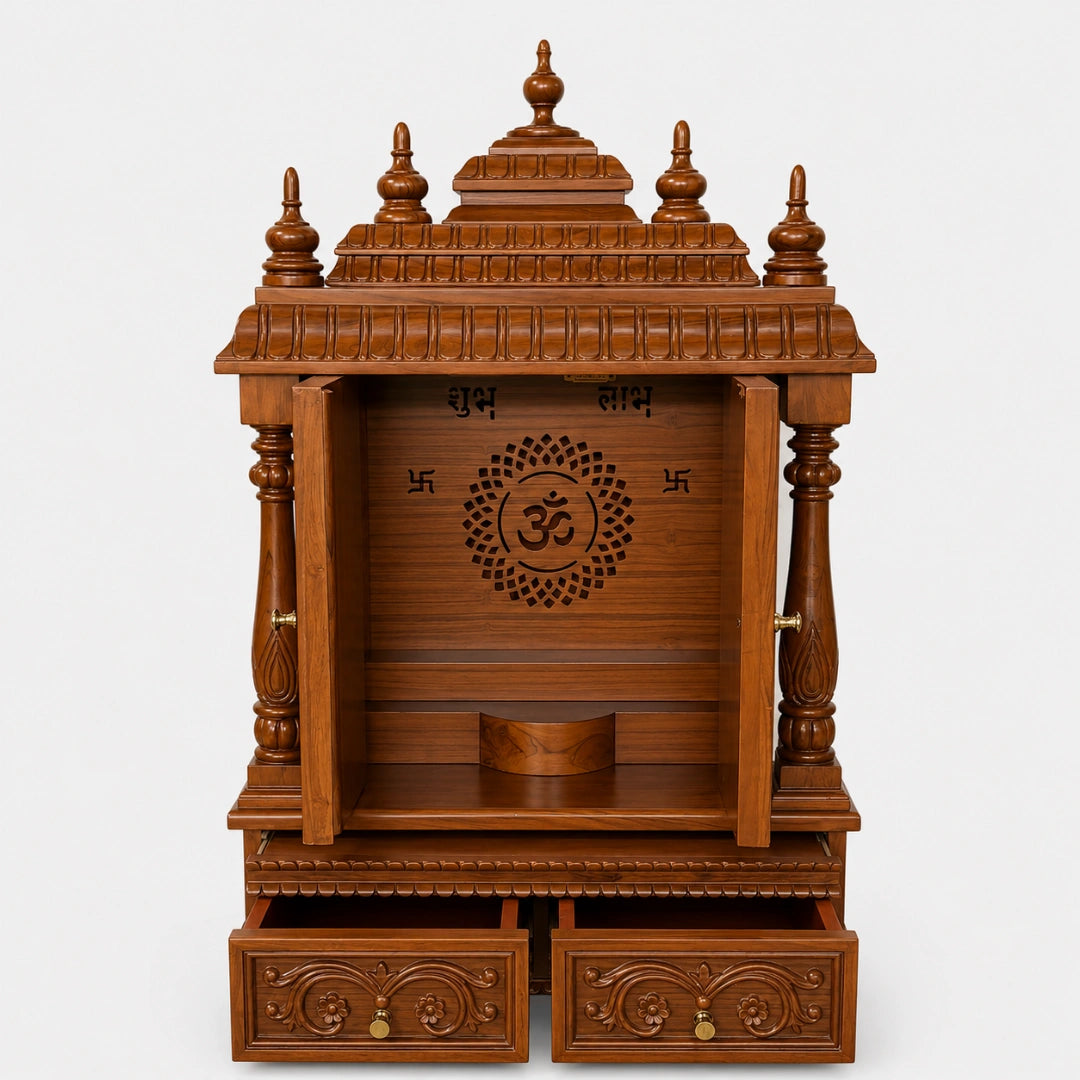 Devayan Teak Wood Pooja Mandir With Doors (Teak) Open Doors View