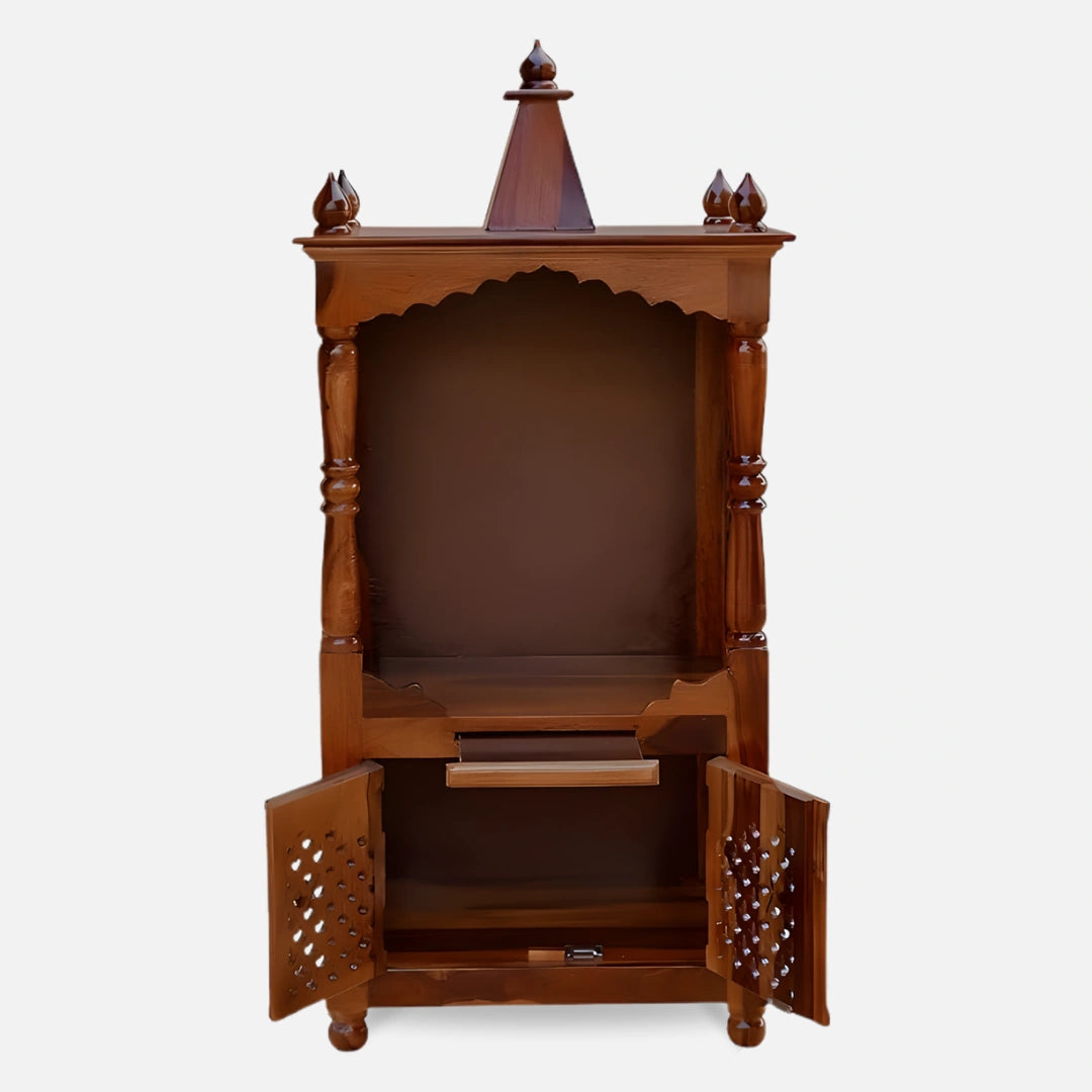 Devrekha Teak Wood Mandir (Teak) front view open drawers