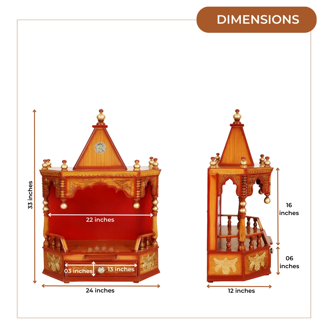 Dimensions of Anugrah Wall Mount Pooja Mandir without Door (Teak Gold)