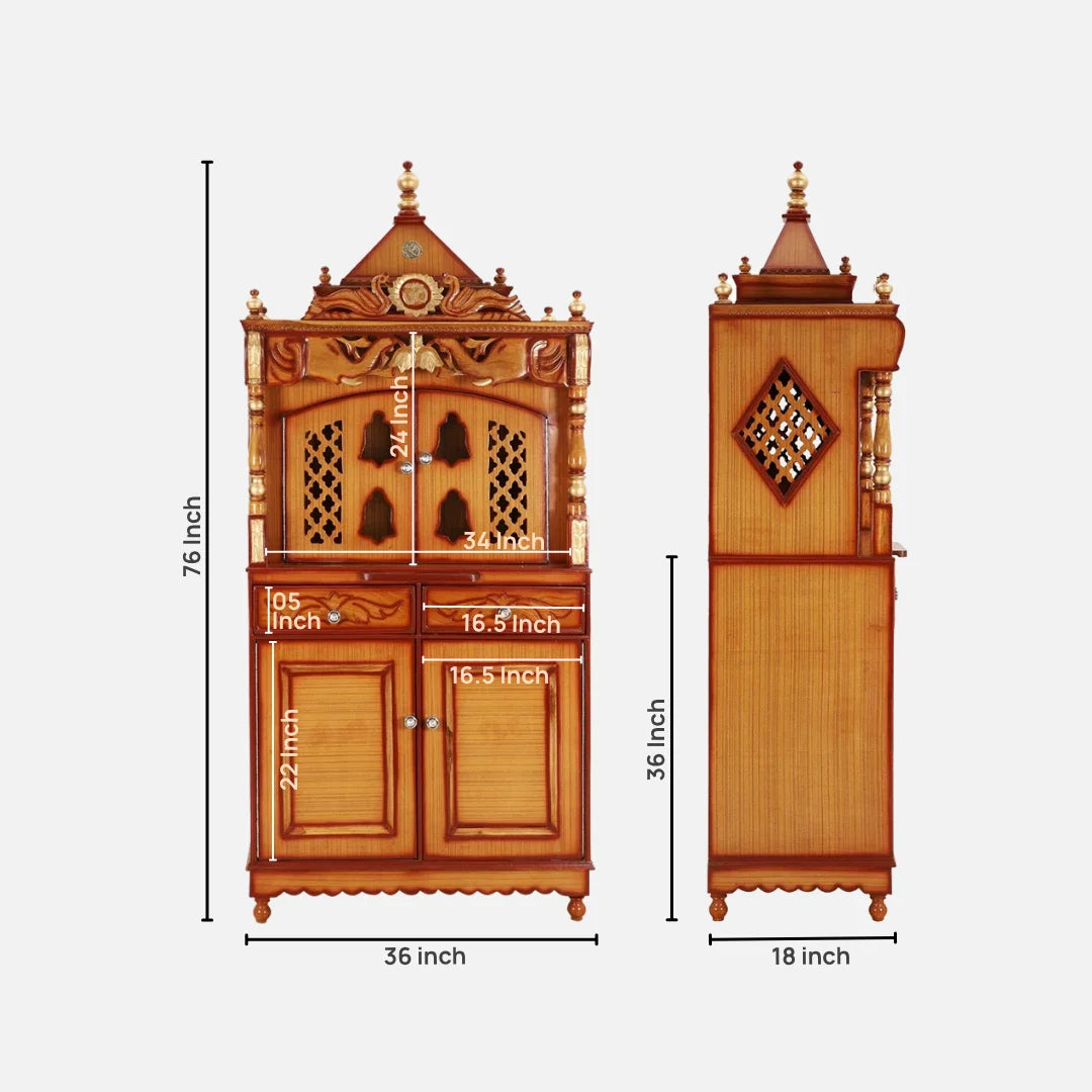 Dimensions of Divine Palace Large Floor Rested Pooja Mandap with Door (Teak Gold)