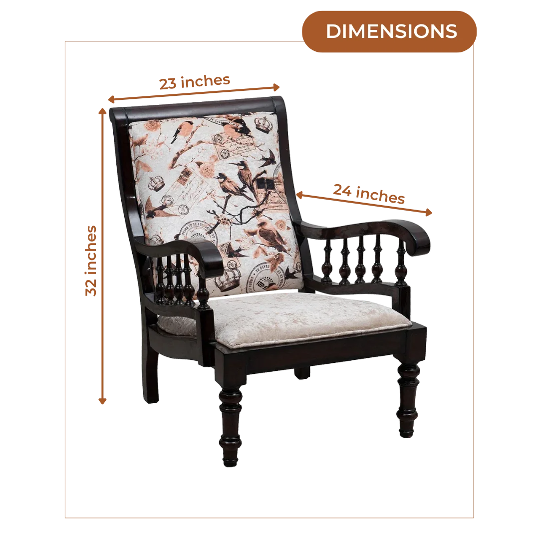Dimensions of Ancient INDIA Teak Wood Fabric Upholstered Arm Chair (Brown)