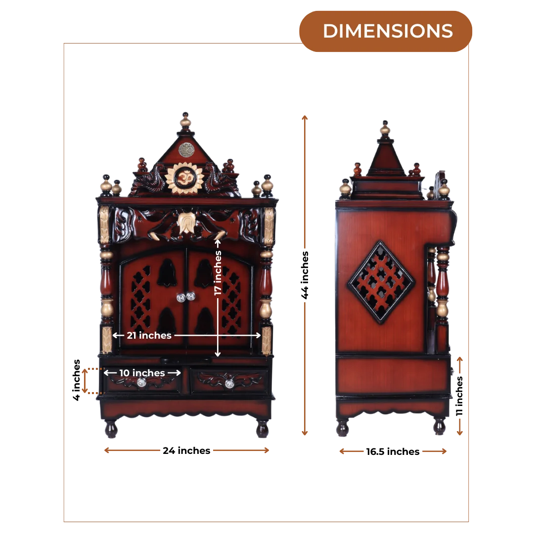 Dimensions of Divya Nivas Medium Floor Rested Pooja Mandir With Door (Brown Gold)