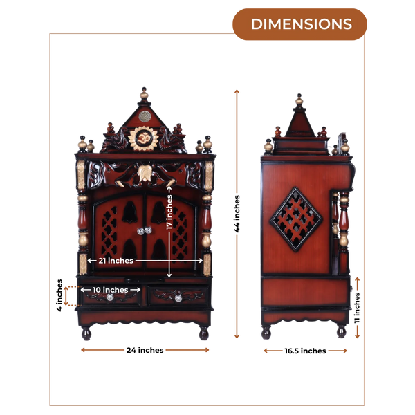 Dimensions of Divya Nivas Medium Floor Rested Pooja Mandir With Door (Brown Gold)