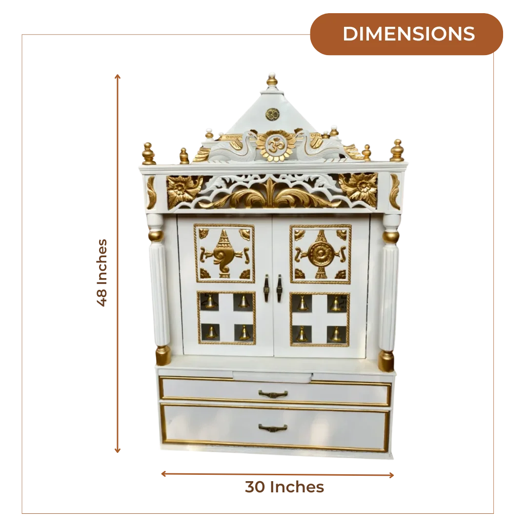 Dimensions of Prabhava Floor Rested Pooja Mandir with Door (White Gold)
