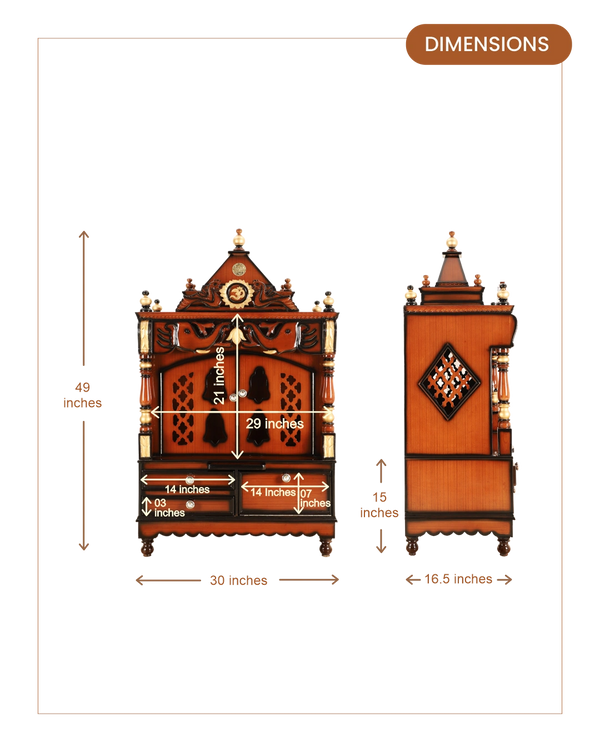 Divine Home Large Floor Rested Pooja Mandir with Door (Brown Gold) dimensions